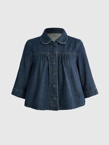 ROMWE Jaket dan Mantel Denim Wanita Gaya Retro Y2K Vintage yang Lusuh - Biru - View 1