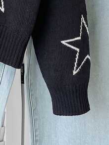 Girls' Autumn/Winter Fashion Five-Point Star Pattern Jacquard Khaki Knit Sweater Long Sleeve Shirt - Black - View 6