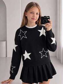 Girls' Autumn/Winter Fashion Five-Point Star Pattern Jacquard Khaki Knit Sweater Long Sleeve Shirt - Black - View 3