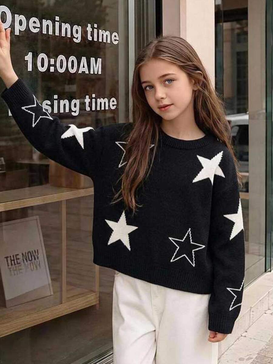 Girls' Autumn/Winter Fashion Five-Point Star Pattern Jacquard Khaki Knit Sweater Long Sleeve Shirt - Black - View 1