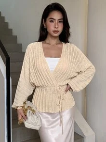 SHEIN Elenzya Cardigan Rajut Kasual Musim Gugur dengan Lengan Kelelawar - Aprikot - View 6