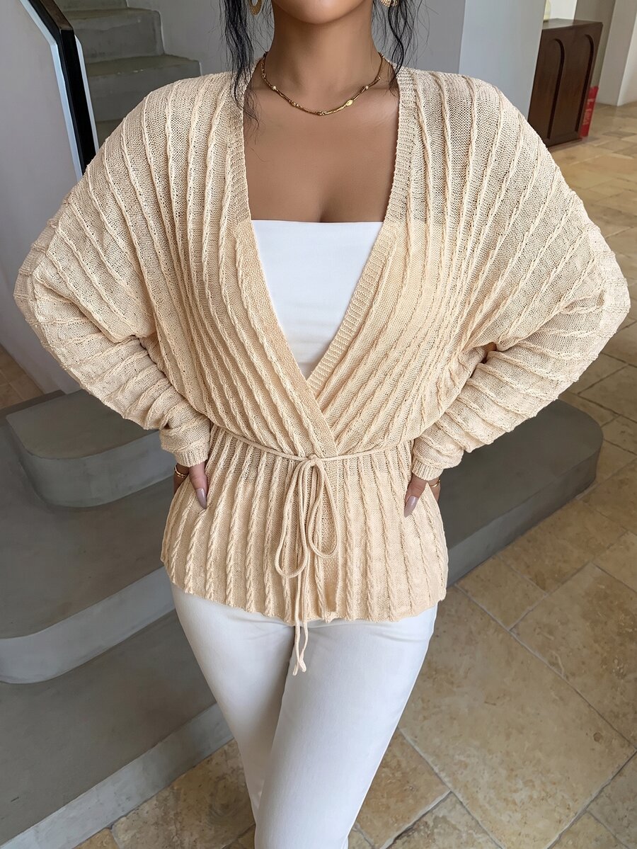 SHEIN Elenzya Autumn Casual Cable Knit Batwing Sleeve Cardigan - Apricot - View 1