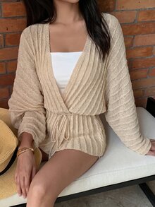 SHEIN Elenzya Cardigan Rajut Kasual Musim Gugur dengan Lengan Kelelawar - Aprikot - View 5