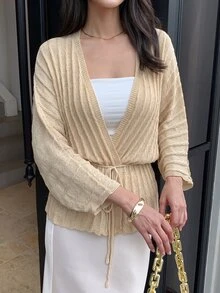 SHEIN Elenzya Cardigan Rajut Kasual Musim Gugur dengan Lengan Kelelawar - Aprikot - View 3