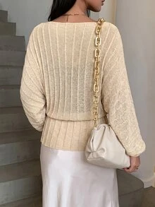 SHEIN Elenzya Cardigan Rajut Kasual Musim Gugur dengan Lengan Kelelawar - Aprikot - View 2