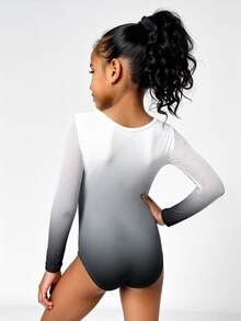 3pcs Young Girls Long Sleeve Ombre Gymnastics Leotard Set, Includes Leotard, Shorts And Headband. Made Of High Stretch Gradient Print And Rhinestone Decorated Fabric, Suitable For Gymnastics Training And Competition, All Season - Black and White - View 2