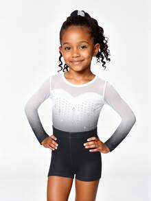 3pcs Young Girls Long Sleeve Ombre Gymnastics Leotard Set, Includes Leotard, Shorts And Headband. Made Of High Stretch Gradient Print And Rhinestone Decorated Fabric, Suitable For Gymnastics Training And Competition, All Season - Black and White - View 6