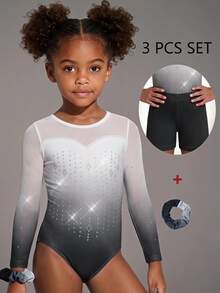 3pcs Young Girls Long Sleeve Ombre Gymnastics Leotard Set, Includes Leotard, Shorts And Headband. Made Of High Stretch Gradient Print And Rhinestone Decorated Fabric, Suitable For Gymnastics Training And Competition, All Season - Black and White - View 1