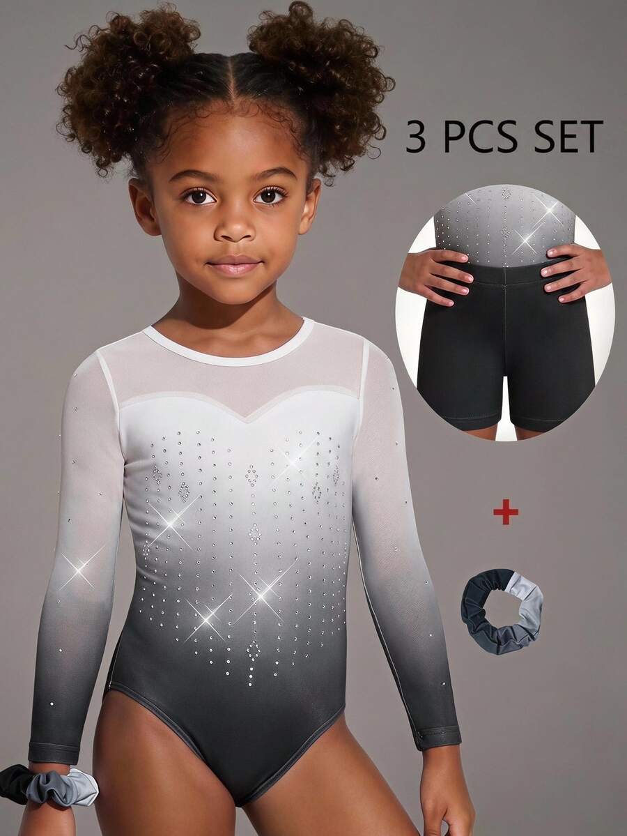 3pcs Young Girls Long Sleeve Ombre Gymnastics Leotard Set, Includes Leotard, Shorts And Headband. Made Of High Stretch Gradient Print And Rhinestone Decorated Fabric, Suitable For Gymnastics Training And Competition, All Season - Black and White - View 1
