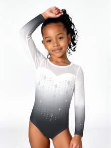3pcs Young Girls Long Sleeve Ombre Gymnastics Leotard Set, Includes Leotard, Shorts And Headband. Made Of High Stretch Gradient Print And Rhinestone Decorated Fabric, Suitable For Gymnastics Training And Competition, All Season - Black and White - View 3