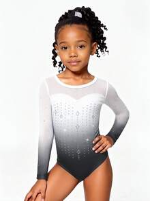 3pcs Young Girls Long Sleeve Ombre Gymnastics Leotard Set, Includes Leotard, Shorts And Headband. Made Of High Stretch Gradient Print And Rhinestone Decorated Fabric, Suitable For Gymnastics Training And Competition, All Season - Black and White - View 5