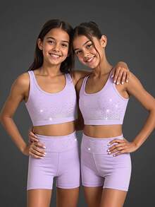 SHEIN Tween Girls Clothes Black Sports Tank Top + Shorts Set, Active Top &, Cute, School, Back To School - Purple - View 1