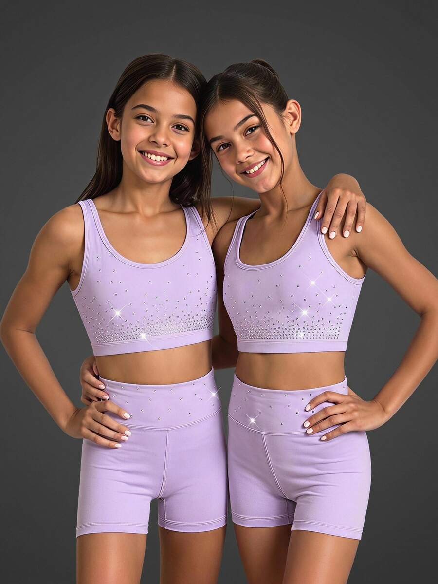 SHEIN Tween Girls Clothes Black Sports Tank Top + Shorts Set, Active Top &, Cute, School, Back To School - Purple - View 1
