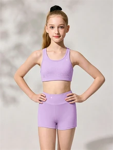 SHEIN Tween Girls Clothes Black Sports Tank Top + Shorts Set, Active Top &, Cute, School, Back To School - Purple - View 2