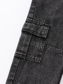 SHEIN Genkimix Kids 男童牛仔水洗黑工裝褲，冬季休閒穿著，彈性腰頭附可調抽繩，大口袋，寬鬆直筒版型 - 黑色 - 查看 6