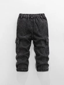 SHEIN Genkimix Kids 男童牛仔水洗黑工裝褲，冬季休閒穿著，彈性腰頭附可調抽繩，大口袋，寬鬆直筒版型 - 黑色 - 查看 3