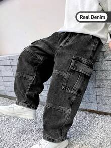 SHEIN Genkimix Kids 男童牛仔水洗黑工裝褲，冬季休閒穿著，彈性腰頭附可調抽繩，大口袋，寬鬆直筒版型 - 黑色 - 查看 2