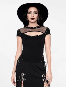 ROMWE Summer Music Festival Punk Tight Mesh Metal Grommet Lace-Up Design Fitted Women T-Shirt - Black - View 4