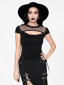 ROMWE Summer Music Festival Punk Tight Mesh Metal Grommet Lace-Up Design Fitted Women T-Shirt - Black - View 2