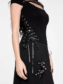 ROMWE Summer Music Festival Punk Tight Mesh Metal Grommet Lace-Up Design Fitted Women T-Shirt - Black - View 8
