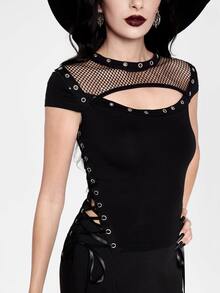 ROMWE Summer Music Festival Punk Tight Mesh Metal Grommet Lace-Up Design Fitted Women T-Shirt - Black - View 7