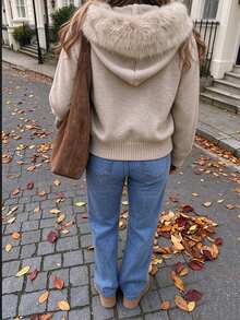 SHEIN Unity Women's Fur Collar Knit Cardigan, Casual Sporty, Daily Wear, Autumn/Winter - Khaki - View 2