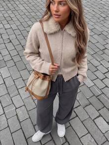 SHEIN Unity Women's Fur Collar Knit Cardigan, Casual Sporty, Daily Wear, Autumn/Winter - Khaki - View 4