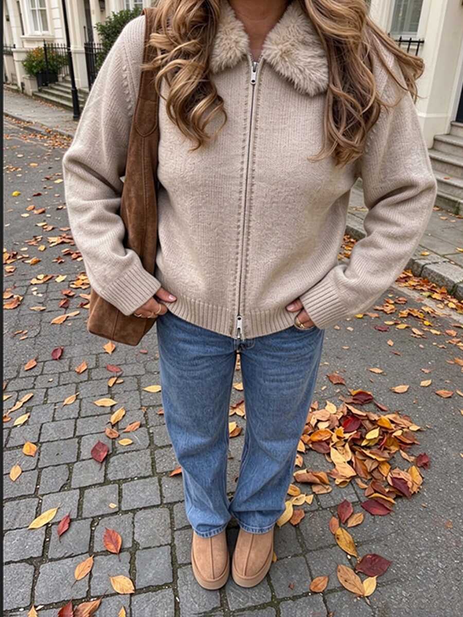 SHEIN Unity Women's Fur Collar Knit Cardigan, Casual Sporty, Daily Wear, Autumn/Winter - Khaki - View 1