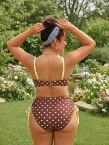 SHEIN Swim 大尺碼 2026 春夏熱銷新款數位印花聚攏鋼圈貝殼硬罩杯泳衣，可拆卸可調節肩帶，穿脫方便，高端金屬後扣，傳統性感高腰三角比基尼泳褲，側抽繩可調節三角內褲，休閒時尚度假海灘泳裝 - 鏽棕色 - 查看 2