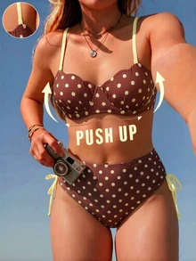 SHEIN Swim 大尺碼 2026 春夏熱銷新款數位印花聚攏鋼圈貝殼硬罩杯泳衣，可拆卸可調節肩帶，穿脫方便，高端金屬後扣，傳統性感高腰三角比基尼泳褲，側抽繩可調節三角內褲，休閒時尚度假海灘泳裝 - 鏽棕色 - 查看 1