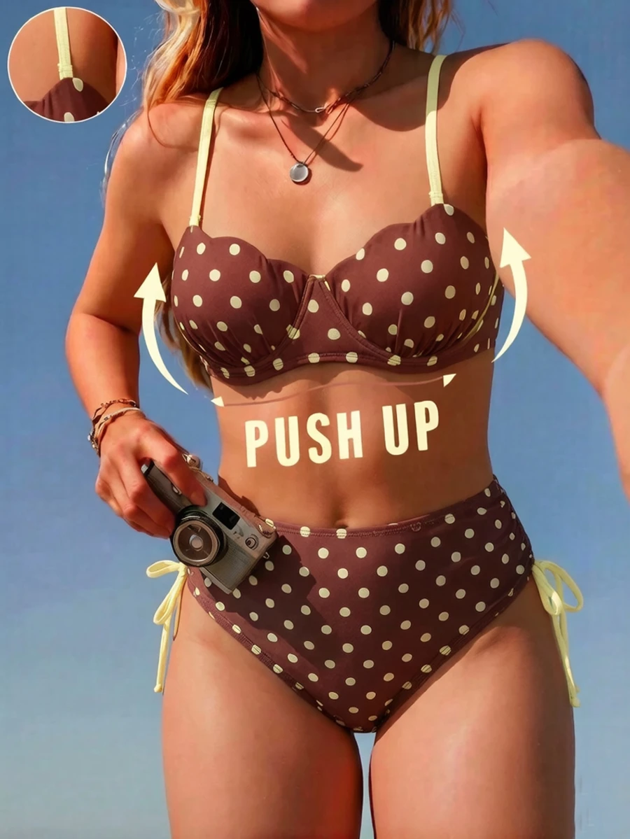 SHEIN Swim 大尺碼 2026 春夏熱銷新款數位印花聚攏鋼圈貝殼硬罩杯泳衣,可拆卸可調節肩帶,穿脫方便,高端金屬後扣,傳統性感高腰三角比基尼泳褲,側抽繩可調節三角內褲,休閒時尚度假海灘泳裝 - 鏽棕色 - 查看 1