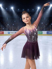 SHEIN Tween Girls Elegant Floral Print Rhinestone Dance Training Competition Dress, Fitted Mesh Skirt, Comfortable & Fashionable Sportswear, Autumn Winter - Purple - View 2