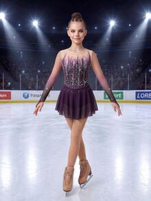 SHEIN Tween Girls Elegant Floral Print Rhinestone Dance Training Competition Dress, Fitted Mesh Skirt, Comfortable & Fashionable Sportswear, Autumn Winter - Purple - View 3