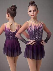 SHEIN Tween Girls Elegant Floral Print Rhinestone Dance Training Competition Dress, Fitted Mesh Skirt, Comfortable & Fashionable Sportswear, Autumn Winter - Purple - View 1