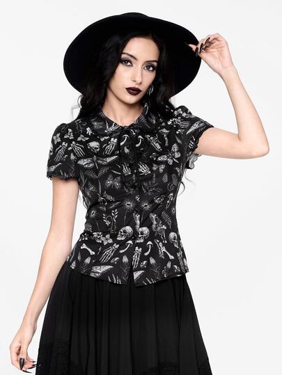 ROMWE Summer Outfits Woodland Dark Goth Skeleton & Plant Print Fitted Women Shirt