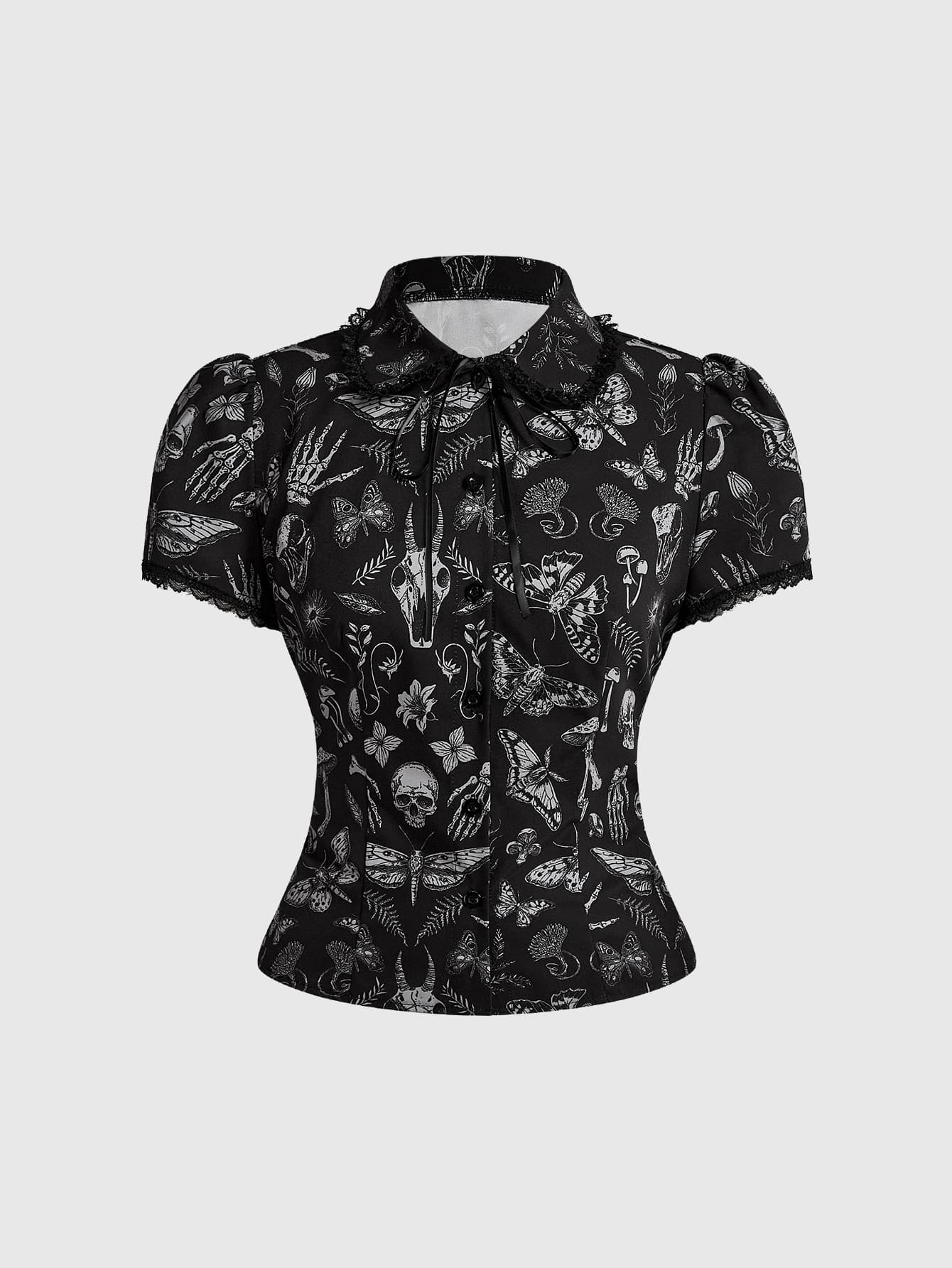 ROMWE Summer Outfits Woodland Dark Goth Skeleton & Plant Print Fitted Women Shirt - Black - View 1