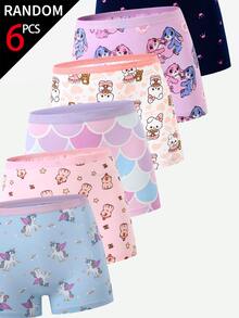 SHEIN 【6件隨機混款】女童幼兒四季通用 多色簡約可愛仙女獨角獸美人魚水豚火烈鳥兔子 多圖案棉質印花組合四角內褲 - 彩色 - 查看 4