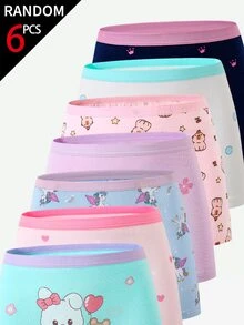 SHEIN 【6件隨機混款】女童幼兒四季通用 多色簡約可愛仙女獨角獸美人魚水豚火烈鳥兔子 多圖案棉質印花組合四角內褲 - 彩色 - 查看 6