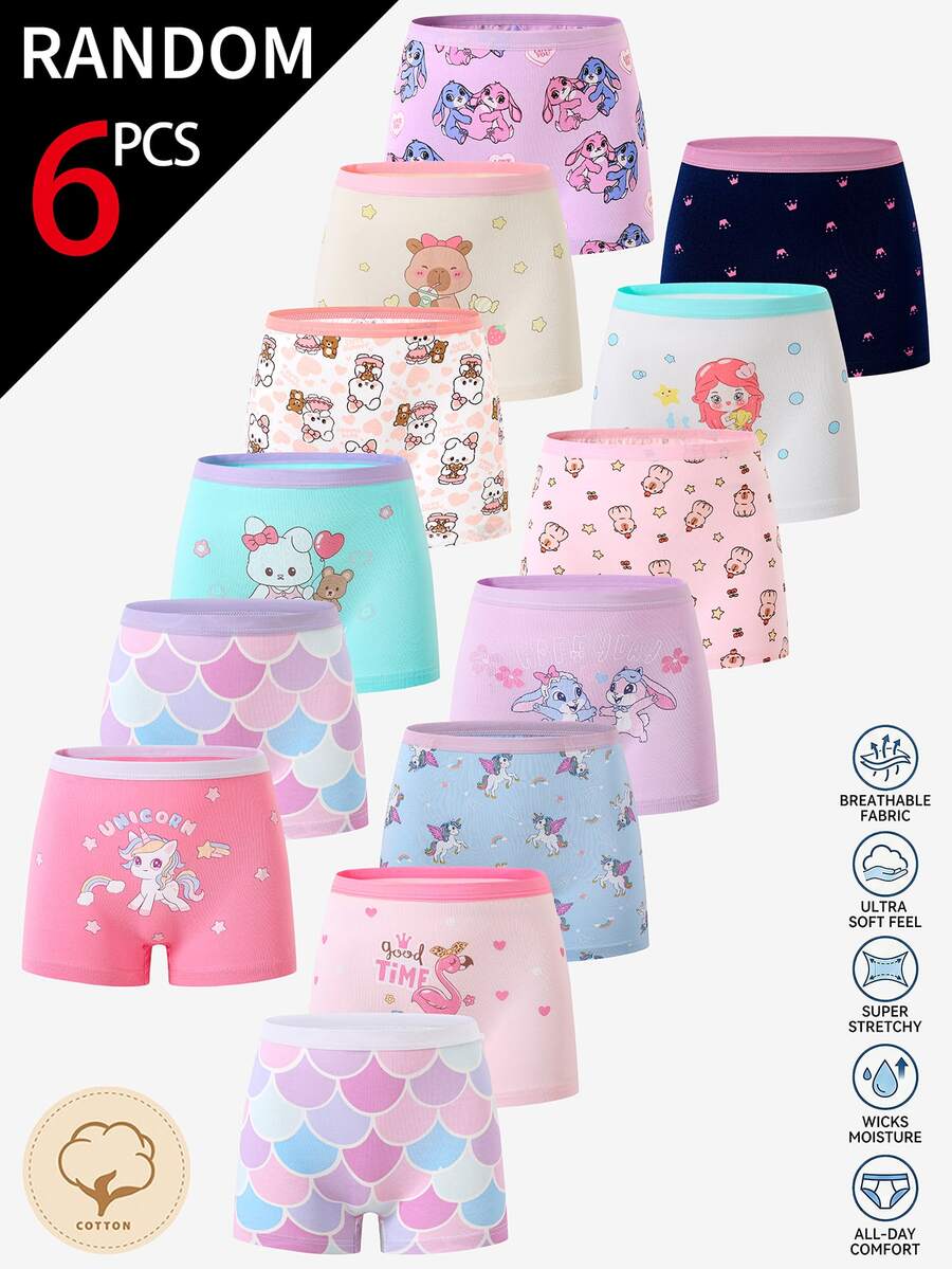 SHEIN 【6件隨機混款】女童幼兒四季通用 多色簡約可愛仙女獨角獸美人魚水豚火烈鳥兔子 多圖案棉質印花組合四角內褲 - 彩色 - 查看 1