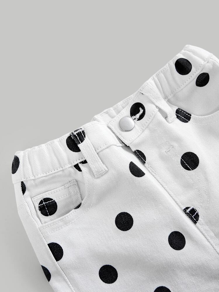 Kids Young Girl Y2k Stylish Polka Dot White Denim High Stretch Skinny Flare Jeans, For Fall/Winter Streetwear - White - View 8