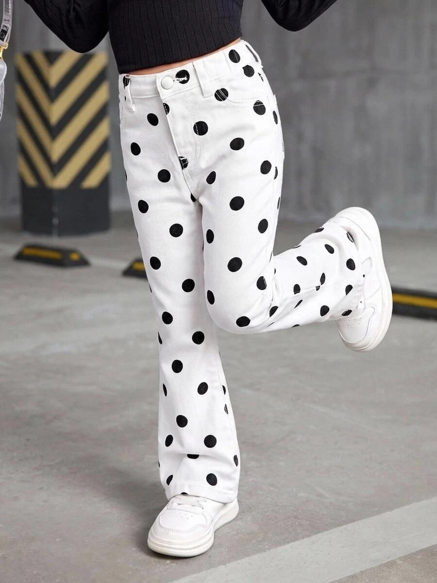 Kids Young Girl Y2k Stylish Polka Dot White Denim High Stretch Skinny Flare Jeans, For Fall/Winter Streetwear - White - View 1
