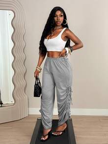 BamGleam Autumn Pastal High-Waisted Side Tie Wide Leg Pants, Loose Drawstring Casual Girlisim Sports Trousers Golf - Grey - View 7