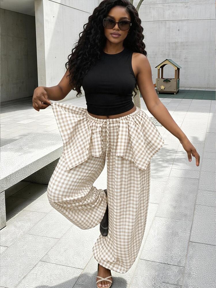 BamGleam Women's Patchwork Asymmetric Plaid Ruffle Hem Wide Leg Loose Casual Streetwear Punk Boho Long Pants Beach Vacation Holiday Red And White Plaid Autumn - Khaki - View 5