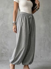 Linhara CURVE Autumn/Winter Casual Relaxed Artistic Style, Japanese Linen Slouchy Fit, Comfortable And Effortless, Daily Vacation, Commute Casual Plus Size Pants - Black and White - View 6