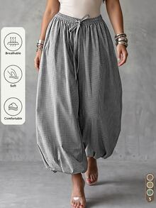 Linhara CURVE Autumn/Winter Casual Relaxed Artistic Style, Japanese Linen Slouchy Fit, Comfortable And Effortless, Daily Vacation, Commute Casual Plus Size Pants - Black and White - View 1