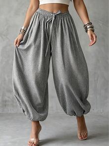Linhara CURVE Autumn/Winter Casual Relaxed Artistic Style, Japanese Linen Slouchy Fit, Comfortable And Effortless, Daily Vacation, Commute Casual Plus Size Pants - Black and White - View 7