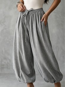 Linhara CURVE Autumn/Winter Casual Relaxed Artistic Style, Japanese Linen Slouchy Fit, Comfortable And Effortless, Daily Vacation, Commute Casual Plus Size Pants - Black and White - View 4