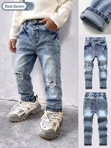 SHEIN Genkimix Kids Young Boy Vintage Distressed Washed Ripped Denim Jeans, Stretch Elastic Slim Fit Long Pants, Versatile Everyday Wear - Light Wash - View 1