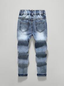 SHEIN Genkimix Kids Young Boy Vintage Distressed Washed Ripped Denim Jeans, Stretch Elastic Slim Fit Long Pants, Versatile Everyday Wear - Light Wash - View 2