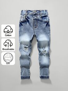 SHEIN Genkimix Kids Young Boy Vintage Distressed Washed Ripped Denim Jeans, Stretch Elastic Slim Fit Long Pants, Versatile Everyday Wear - Light Wash - View 3